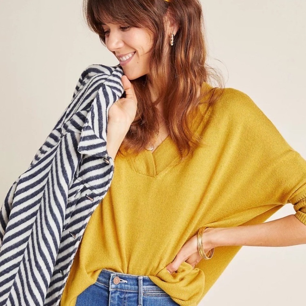 Anthropologie Mustard Yellow Oversized V-Neck Knit Sweater Short Sleeve Medium